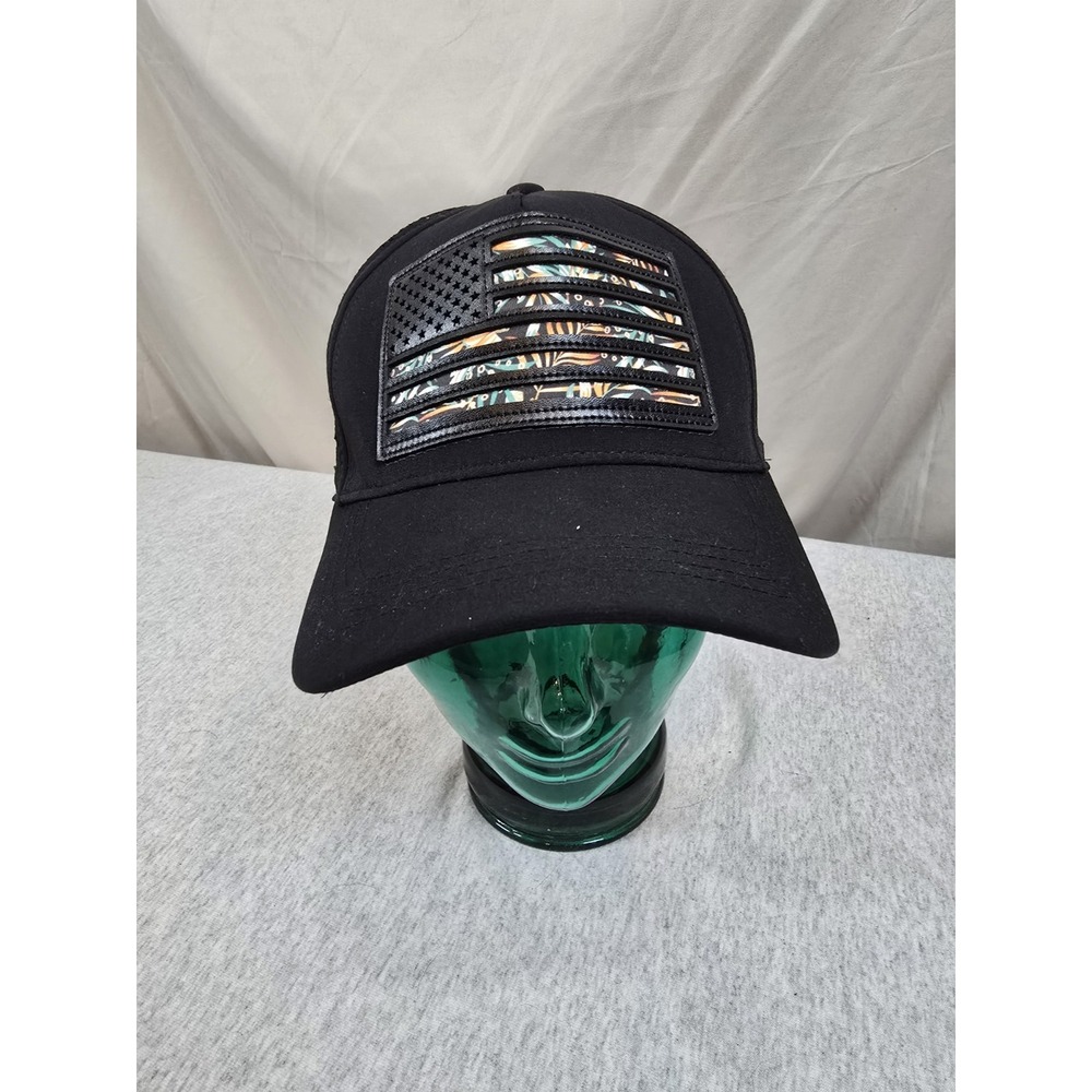 Robin Ruth Trucker Hat Black White One Size Floral USA Flag Patch Mesh Snapback